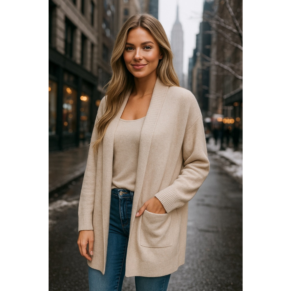 H&M Soft Knit Open Front Cardigan Oatmeal Beige Cozy Minimalist Neutral Scandi